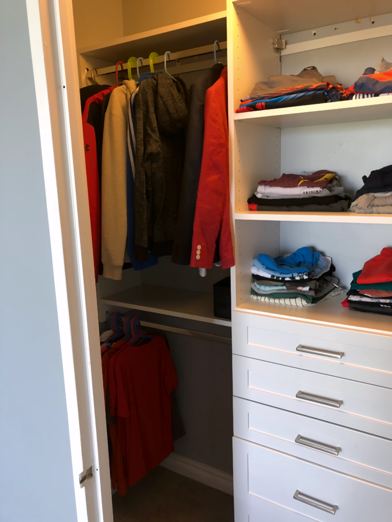 corner closet solution with hanging storage